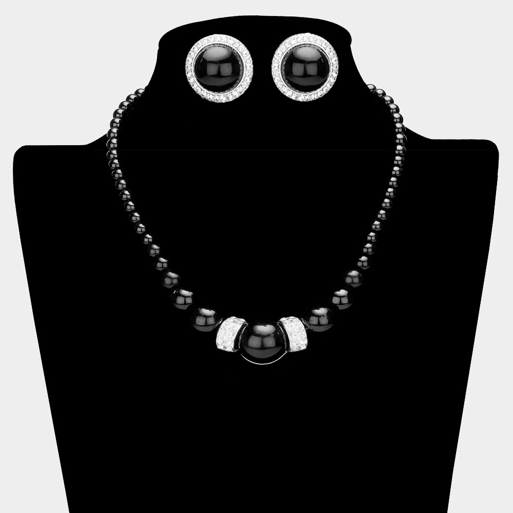 Black Freshwater Pearls & Rhinestone Statement Necklace Set